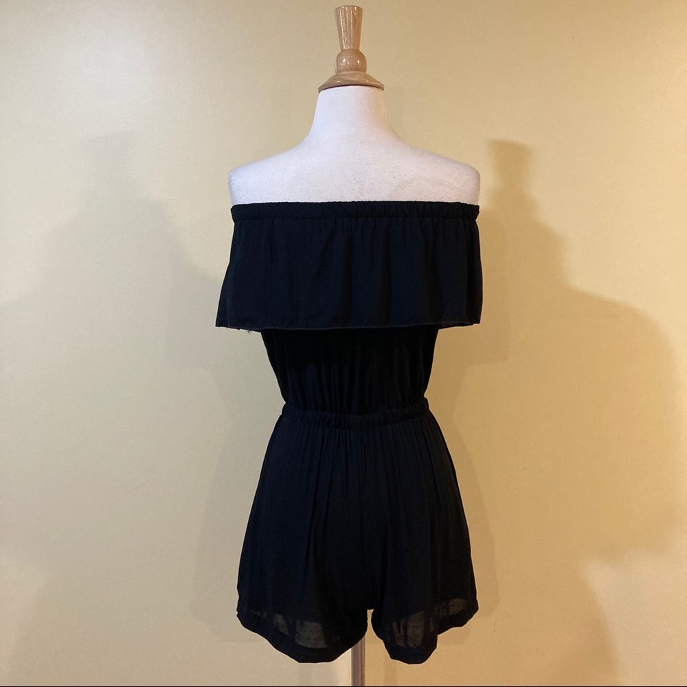 Ruffled Off Shoulder Tie Waist Romper Black - Picture 5 of 5